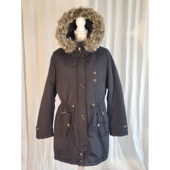 Steve Madden Parka Black Faux Fur Trim And Lining Removable Hood Sz M Penny Lane - Picture 2 of 16